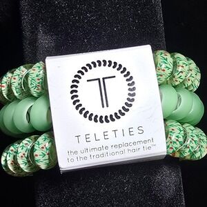 NEW set 3 telephone Coil Hair Ties Light Green Floral Pattern teleties